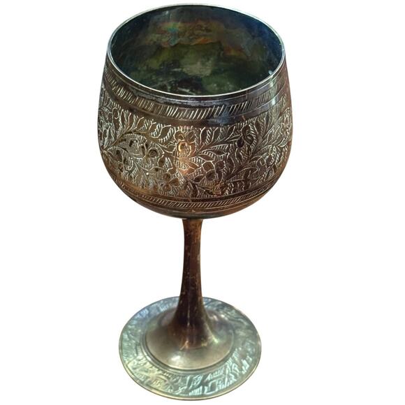 Vintage Engraved Goblet Chalice Floral Etched Metal Cup Decorative Brass (?) - Picture 2 of 7